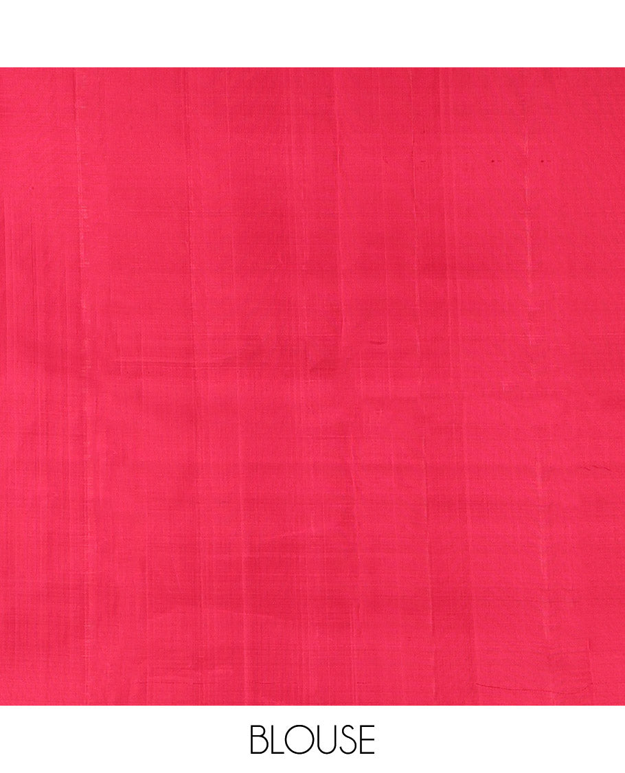 Red Kanchipuram Silk Saree, Adorned with Manga Buttas All Over Its Body, Highlighted by a Zari Border of Geometric Patterns, Grand Jaal Pallu, and Paired with a Matching Blouse