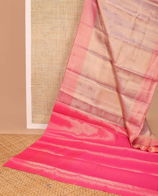 Light pink striped, floral design tissue saree with contrast zari design border & floral checked design pallu