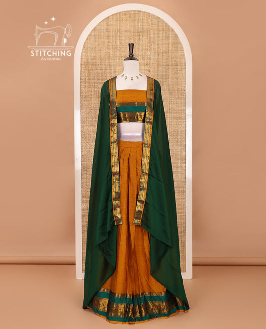 Mustard-green Mercerised cotton half-saree, plain & contrast rettai pettu traditional border skirt, matching blouse & zari border syska georgette dhavani