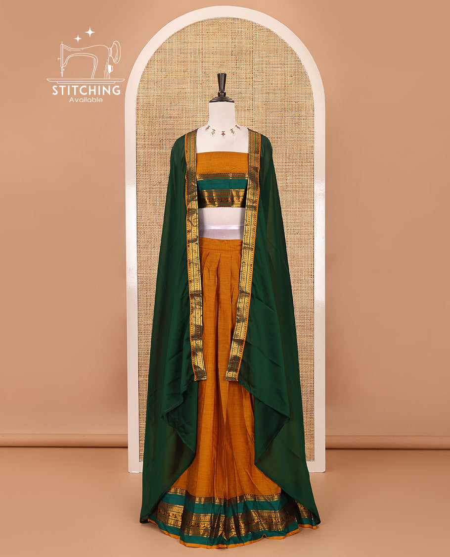 Mustard-green Mercerised cotton half-saree, plain & contrast rettai pettu traditional border skirt, matching blouse & zari border syska georgette dhavani