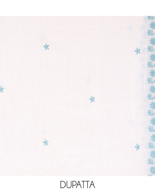 White-Blue Mul Chanderi Material Churidar Features a Floral-Themed Thread-Embroidered Top, a Plain Santoon Bottom, and Thread Embroidered Dupatta