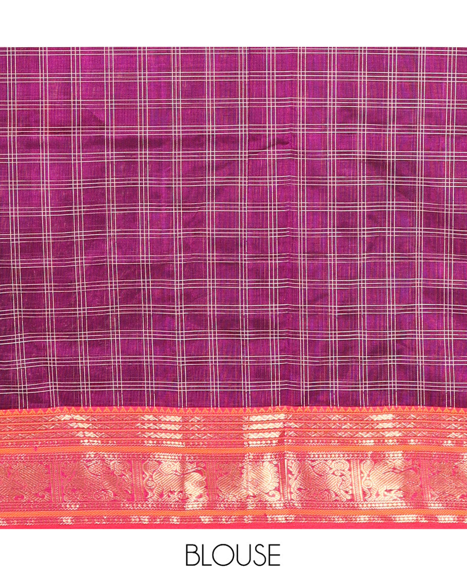 Purple Kuppadam Silk Saree, Adorned with Butta Enclosed Checks, a Contrast Traditional Peacock-Yaali Border, Pallu of Traditional Designs, and a Matching Blouse