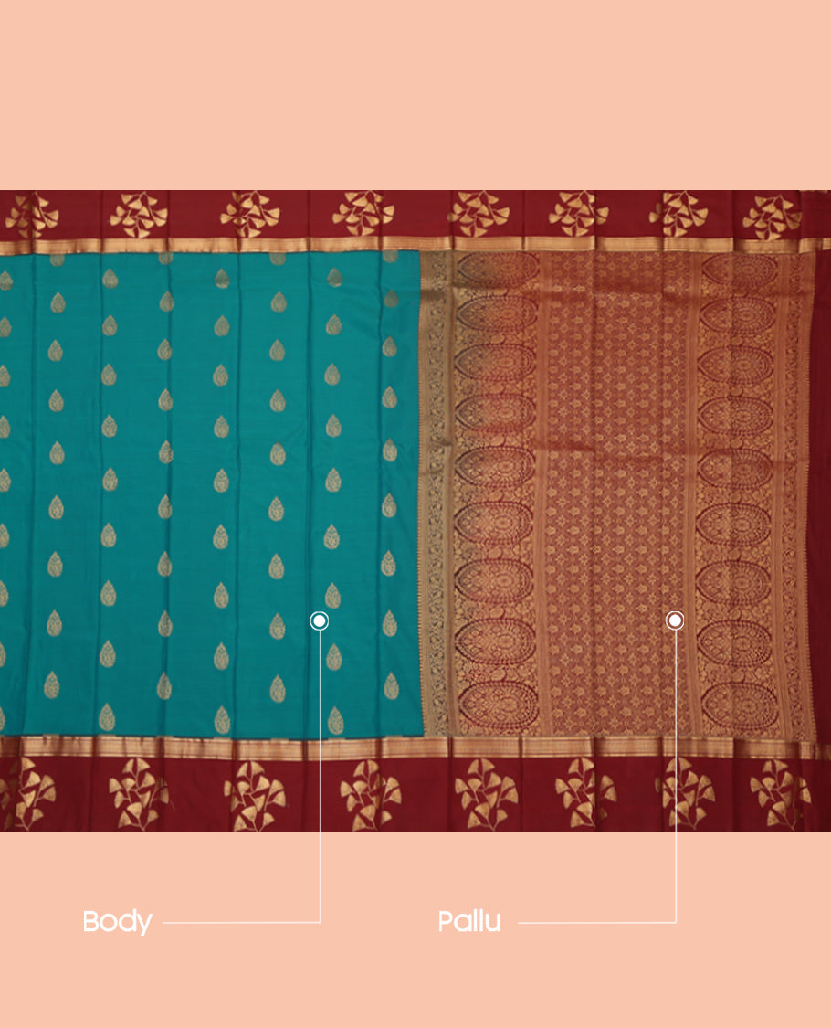 Blue Budget Silk Saree, Adorned with Zari Buttas, Complemented by a Contrast Traditional Zari Border, Grand Pallu, and a Contrast Blouse