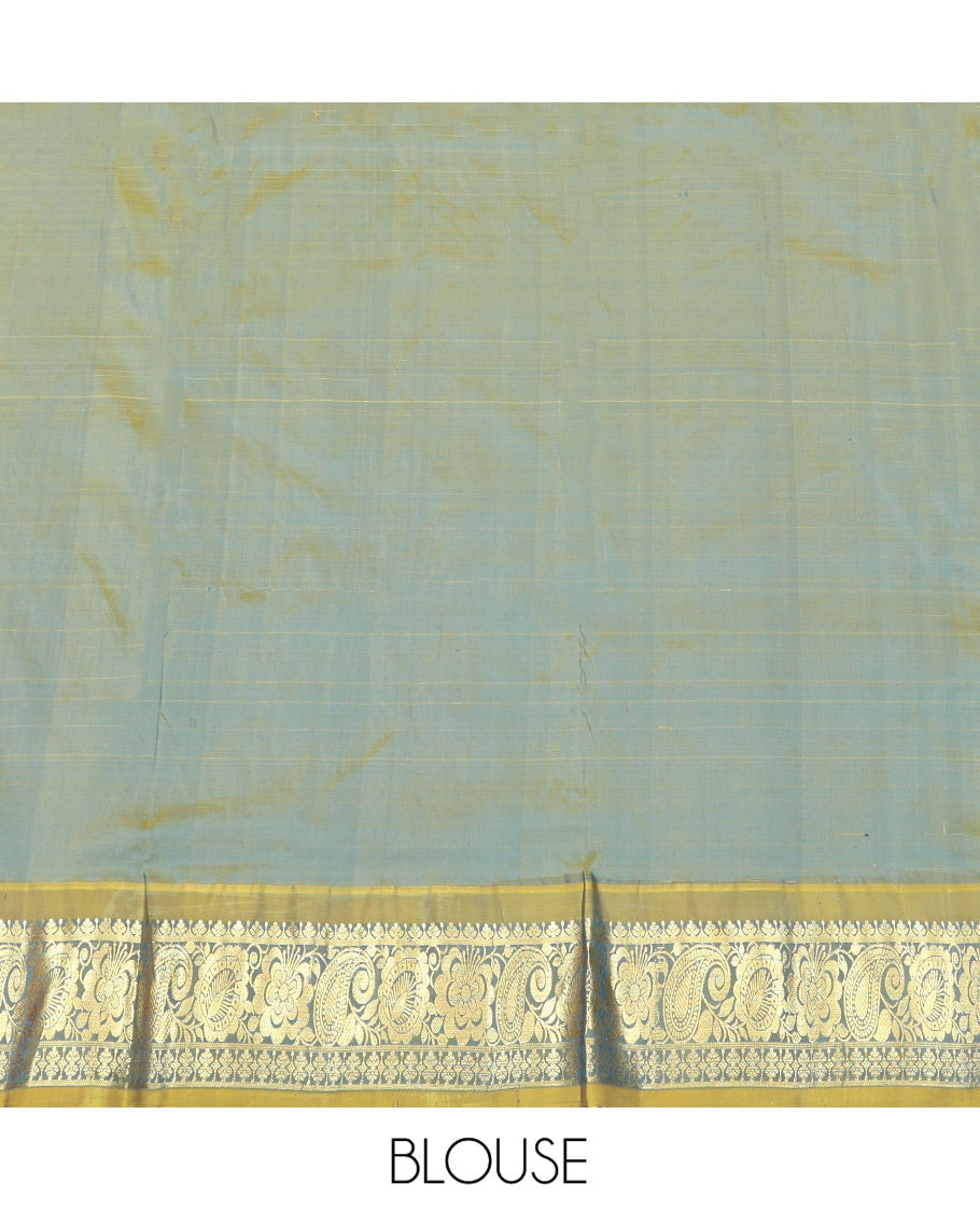 Blue Pure Silk Half-Saree, Adorned with Zari Designs on Its Body, Complemented by a Contrast Floral and Paisley Design Border, Complemented by a Contrast Blouse, and Paired with a Contrast Dhavani of Leaf-Paisley Designs