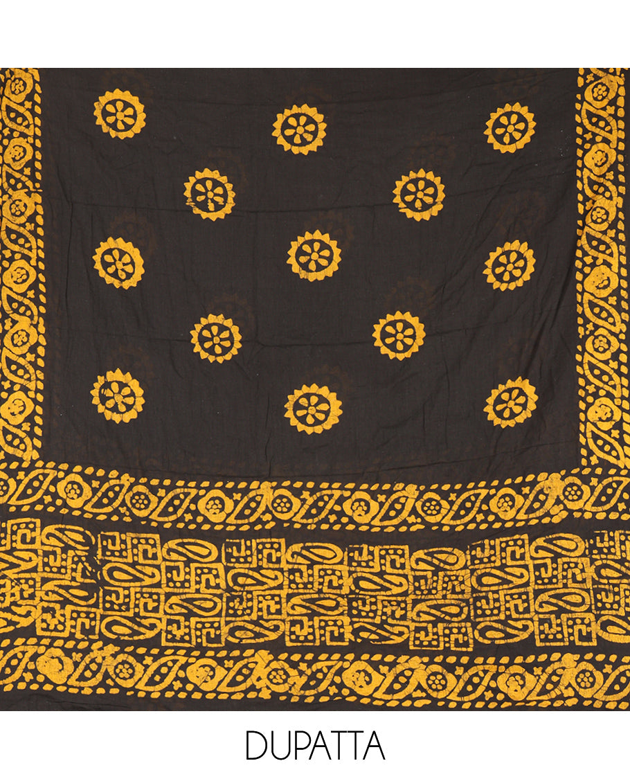 Black-Mustard Cotton Material Churidar Set, Paisley Batik Printed Top, a Matching Bottom, a Batik Printed Dupatta