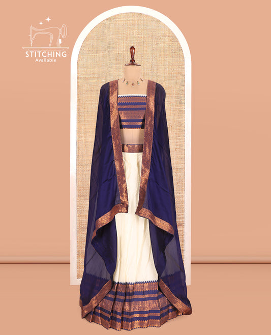 Cream-Navy Blue Semi-Silk Half-Saree