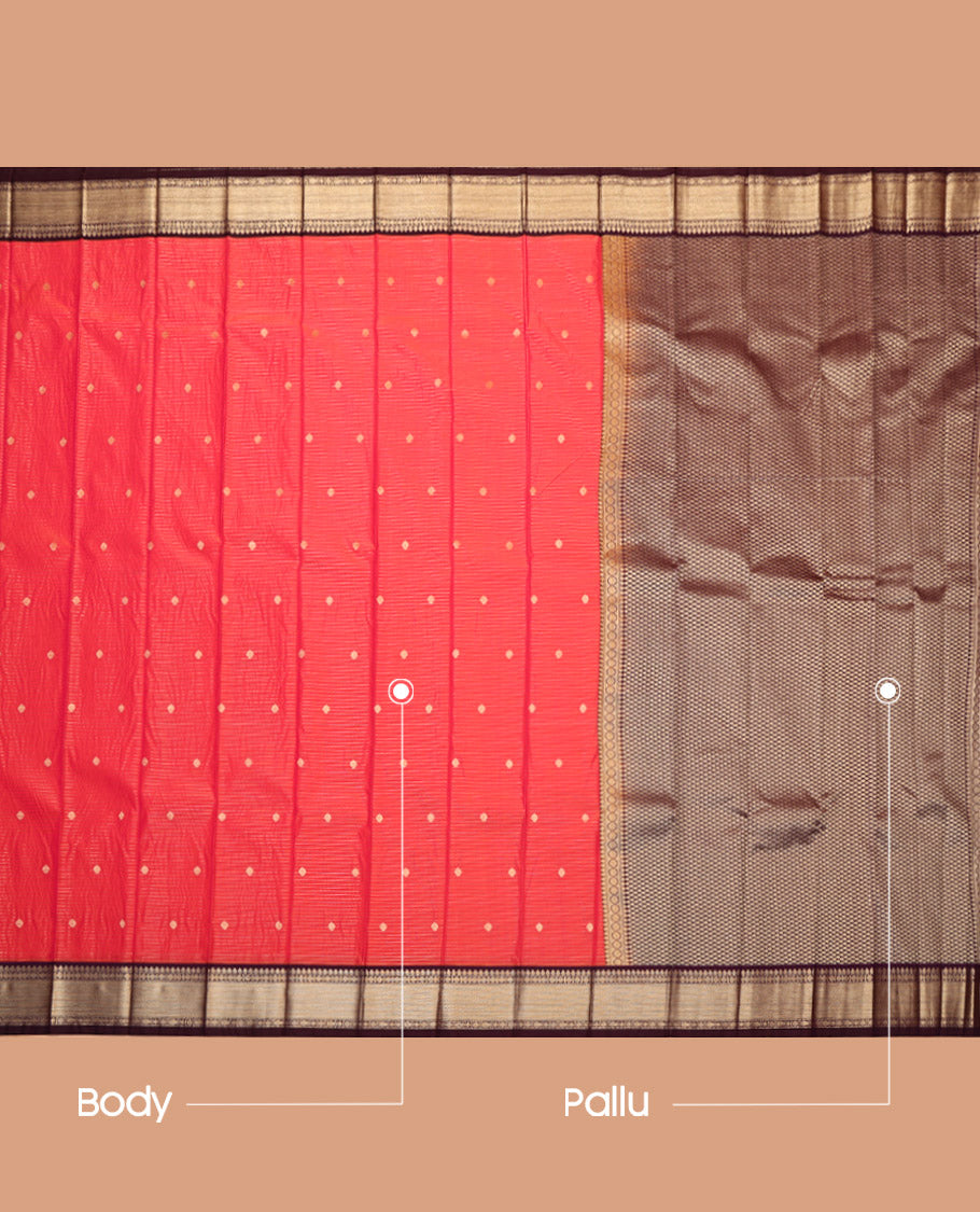 Red Budget Silk Saree, Adorned with Zari Buttas and Stripes, Complemented by Contrast Traditional Zari Border, Jaal Pallu, and Comes with a Contrast Blouse