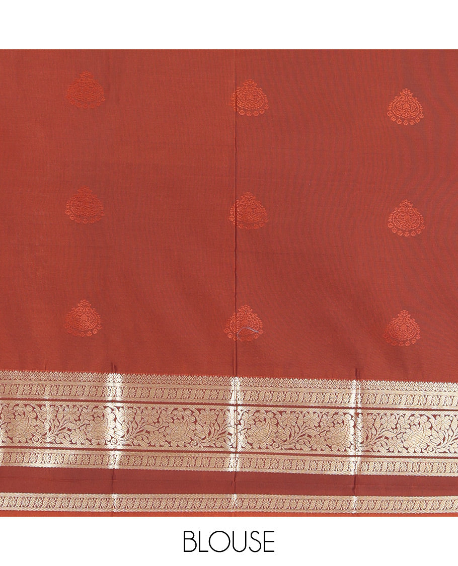 Coffee Brown Zari Buttas Budget Silk Saree, Contrast Rettai Pettu Traditional Border, Grand Pallu, a Contrast Blouse