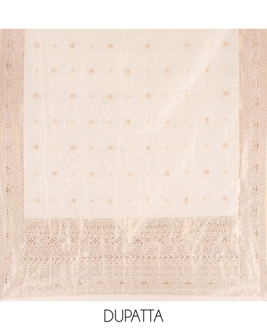 Kerala Cream Banarasi-Silk Material Churidar, Adorned with Floral Designs Top, a Plain Bottom, and Zari Design Dhavani