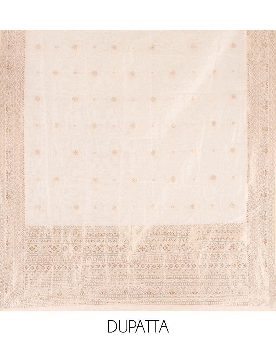 Kerala Cream Banarasi-Silk Material Churidar, Adorned with Floral Designs Top, a Plain Bottom, and Zari Design Dhavani