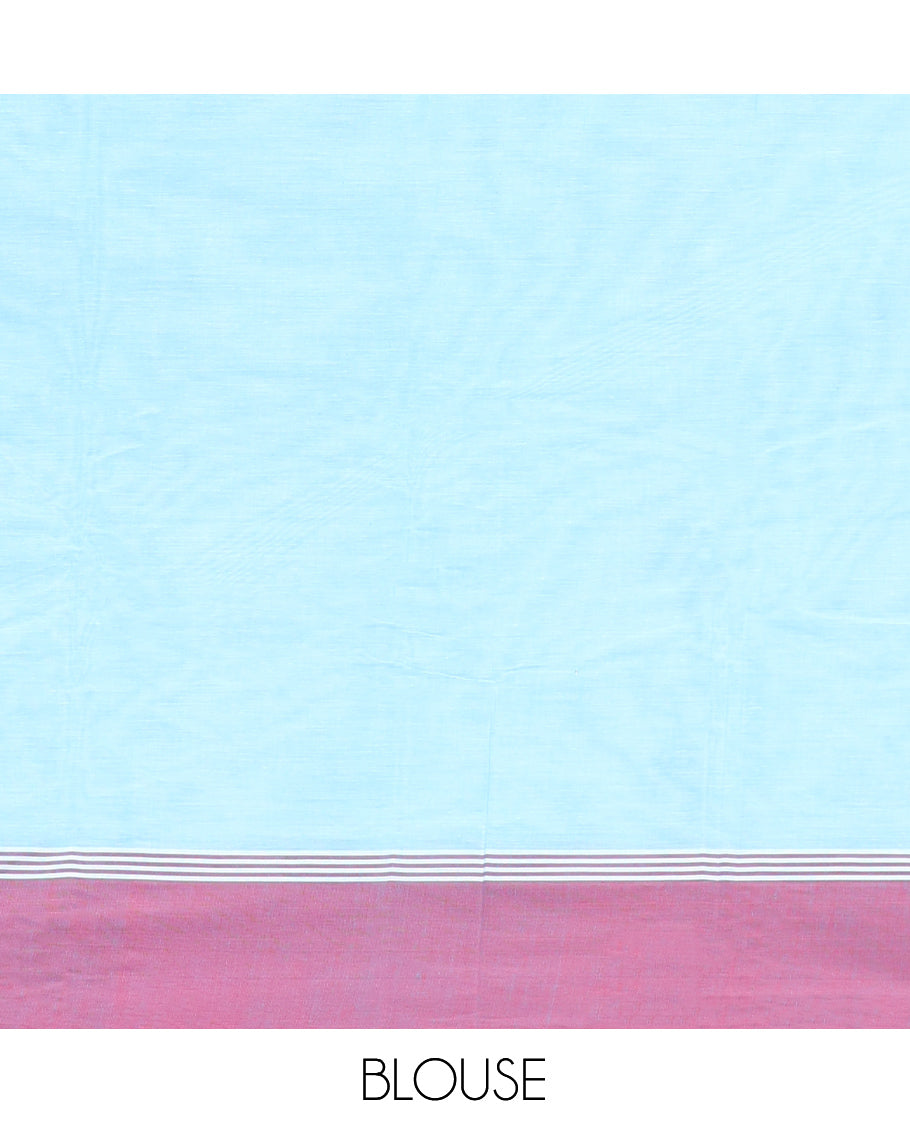 Blue Kanchi Cotton Saree, Adorned with Leaf Buttas On Its Body, Complemented by a Contrast Border, Intricate Patterned Pallu, and a Matching Blouse
