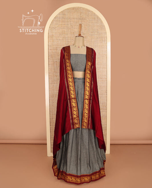 Grey with maroon mercerised cotton daman zari border half saree with zari border blouse & syska georgette 4 side piping golden zari border dhavani