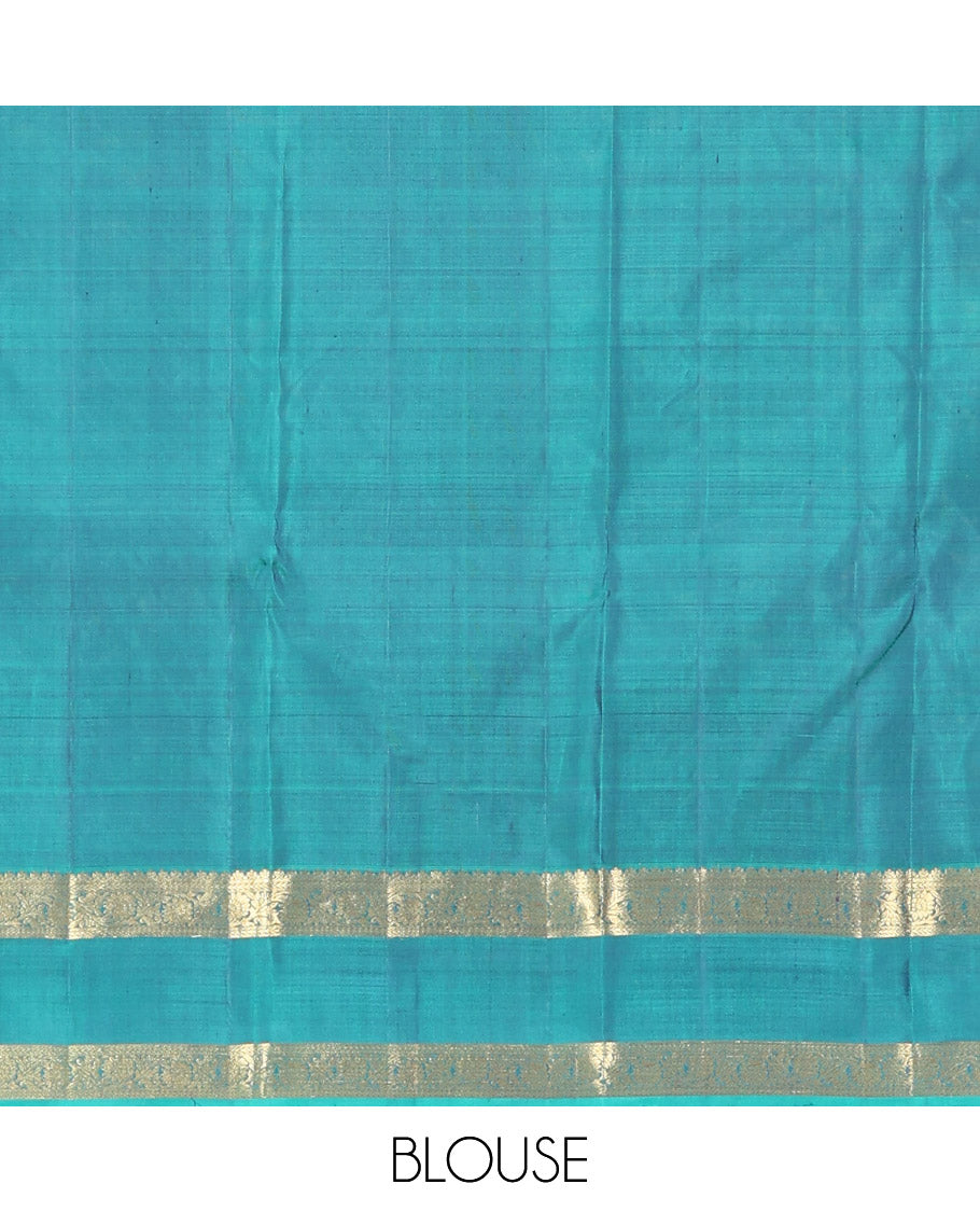 Blue Kanchipuram Silk Saree Elegantly Woven with Zari Buttas, Complemented by a Contrast Rettai Pettu Border Depicting Kodi Visiry Designs, Pallu Adorned with Intricate Designs, and Paired with a Contrast Blouse