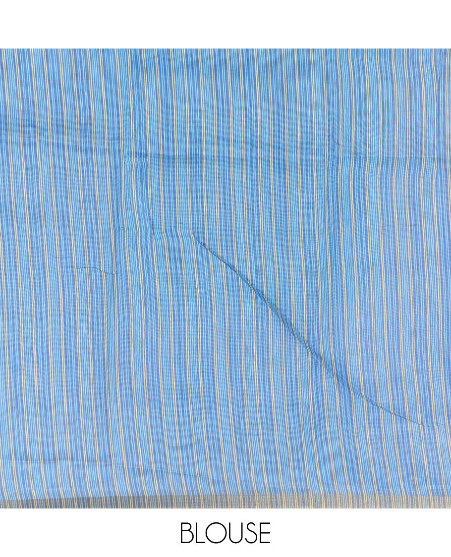 Sky blue small buttas printed Linen cotton saree, contrast double-sided temple border, striped pallu, and vertically striped blouse