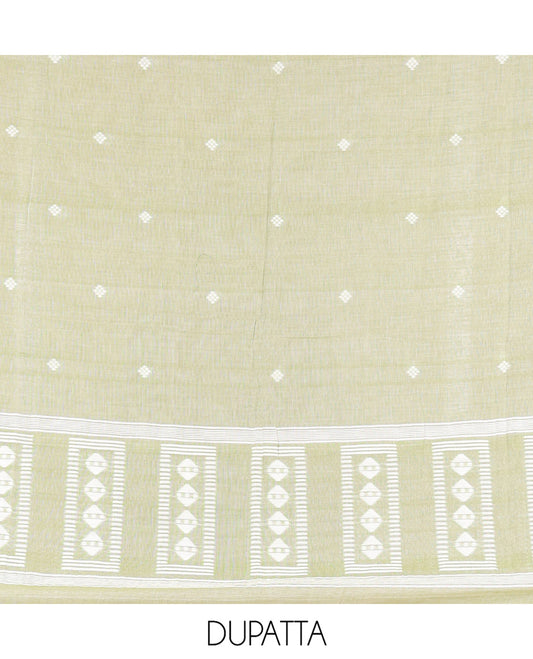 Pista Green Mul Cotton Material Chudidar Features Jamdani-Style Top, Striped Bottom, a Jamdani Dupatta