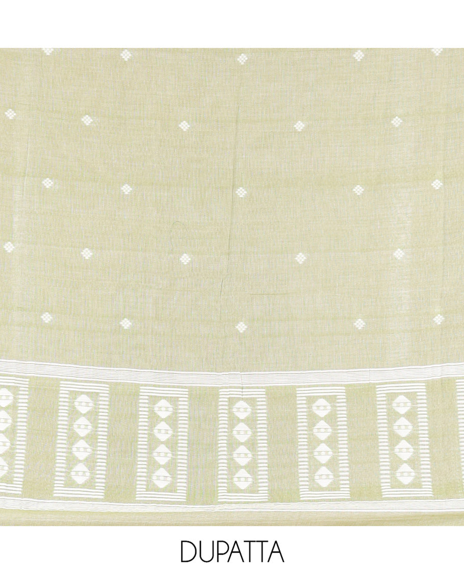 Pista Green Mul Cotton Material Chudidar Features Jamdani-Style Top, Striped Bottom, a Jamdani Dupatta