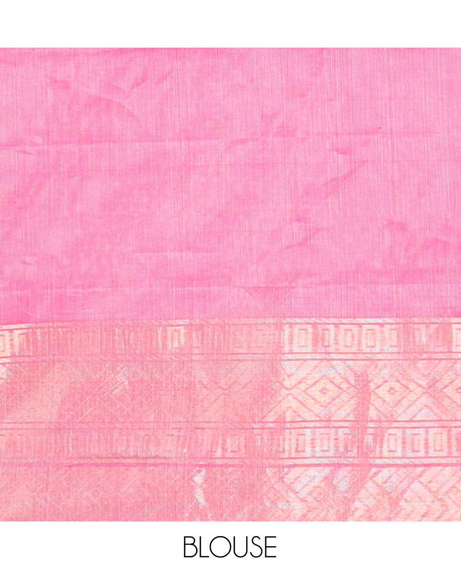 Pink Silk Cotton Saree, Adorned with Zari Buttas, One-Sided Contrast Border, Geometric Pallu, and a Contrast Blouse