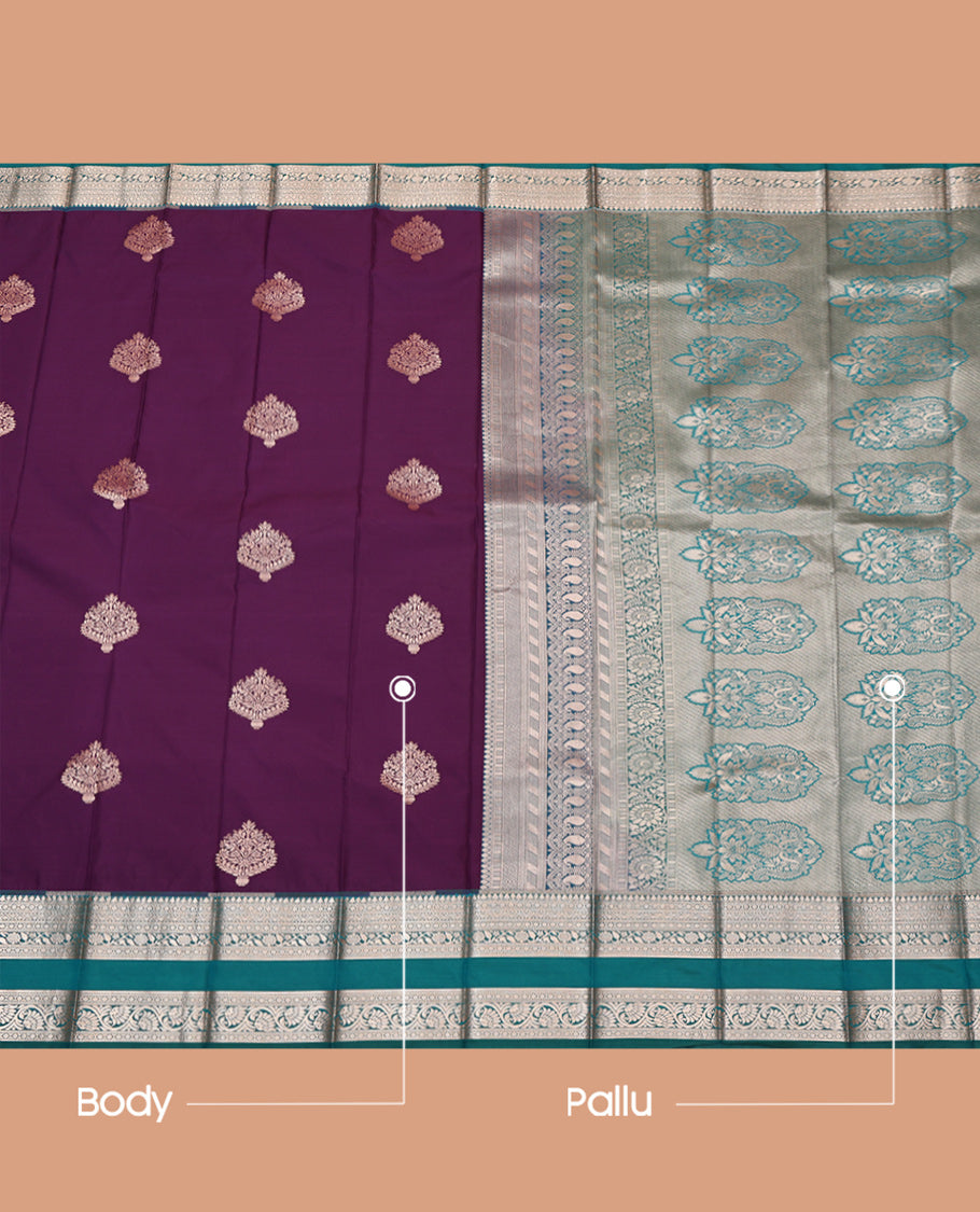 Purple Budget Silk Saree, Mesmerized with Zari Buttas, Complemented by a Contrast Traditional Zari Rettai Pettu Border, Grand Pallu, and Contrast Blouse