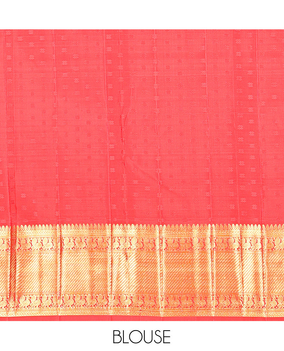 Red Kanchipuram Wedding Silk Saree, Spotlighted with Jacquard Design, Zari Border of Thilakam Mokku, Kathir, and Mayil Designs, Grand Jaal Pallu, and a Matching Blouse