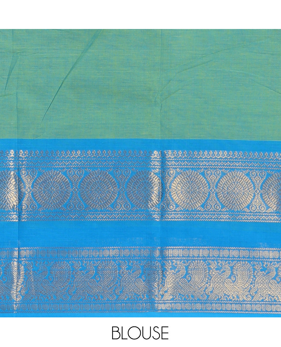 Sea Green Plain Chettinad Cotton Saree, Complemented by a Contrast Traditional Zari Rettai Pettu Border, and a Matching Blouse