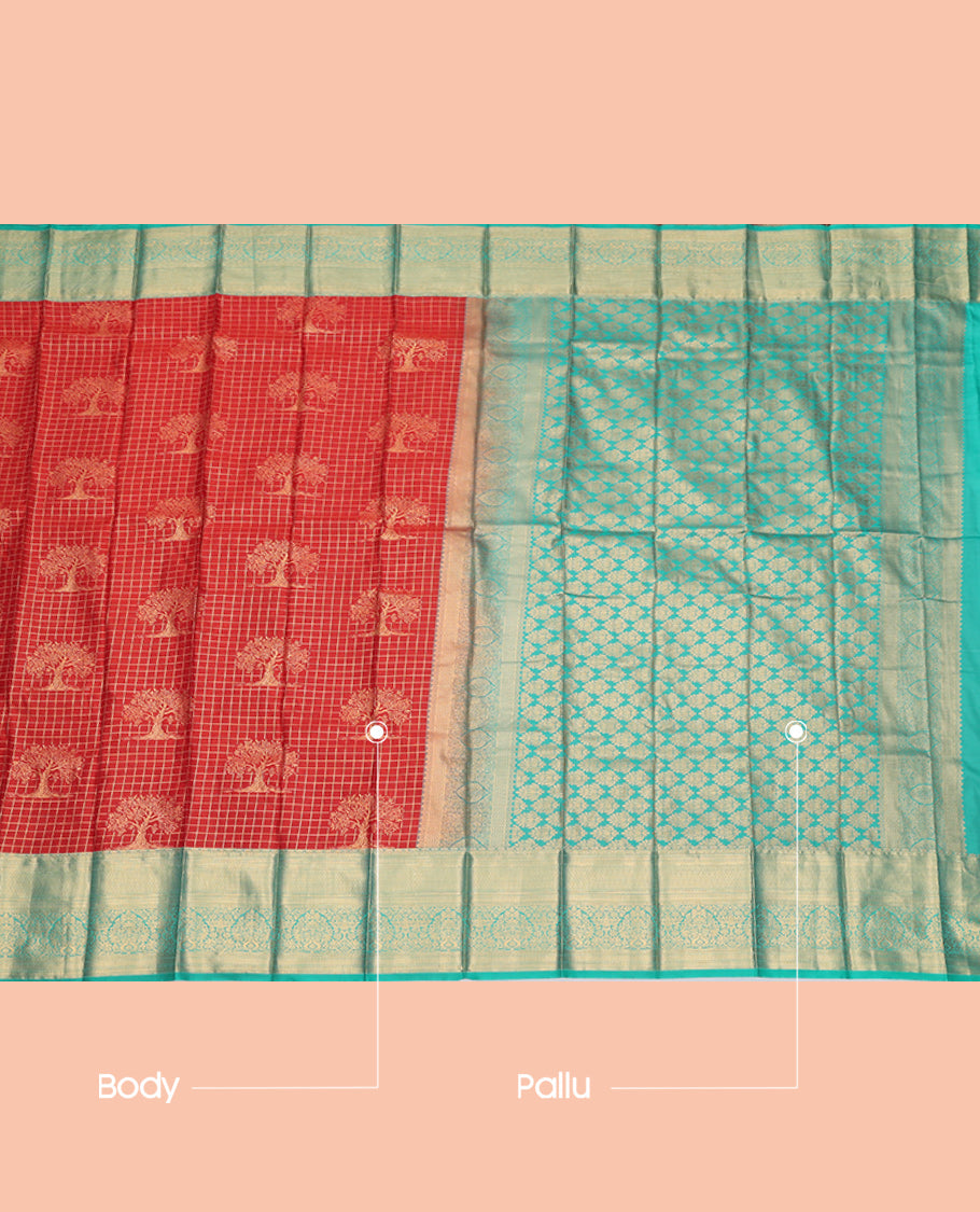 Red Budget Silk Saree, Gracefully Embellished with Tree Buttas and Checks, Complemented by Contrast Traditional Zari Border, Intricate Pallu, and a Contrast Blouse