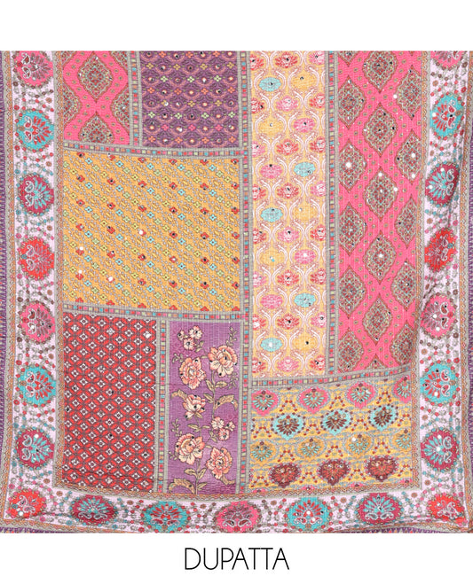 Purple Material Chudidar Set Adorned with Schiffli Embroidery Georgette Top, Subtly Made Plain American Crepe Bottom, and Chinon Dupatta Featuring Kaleidoscopic-Colored Floral, Geometric, and Mughal Motifs Print and Mirror Work