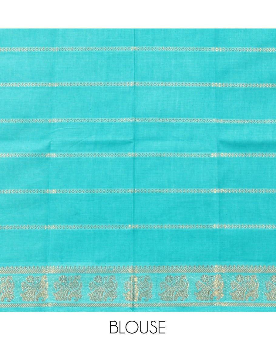 Black Plain Sungudi Cotton Saree, Complemented by Contrast Rettai Pettu Rudraksham Border, Striped Pallu, and a Contrast Blouse