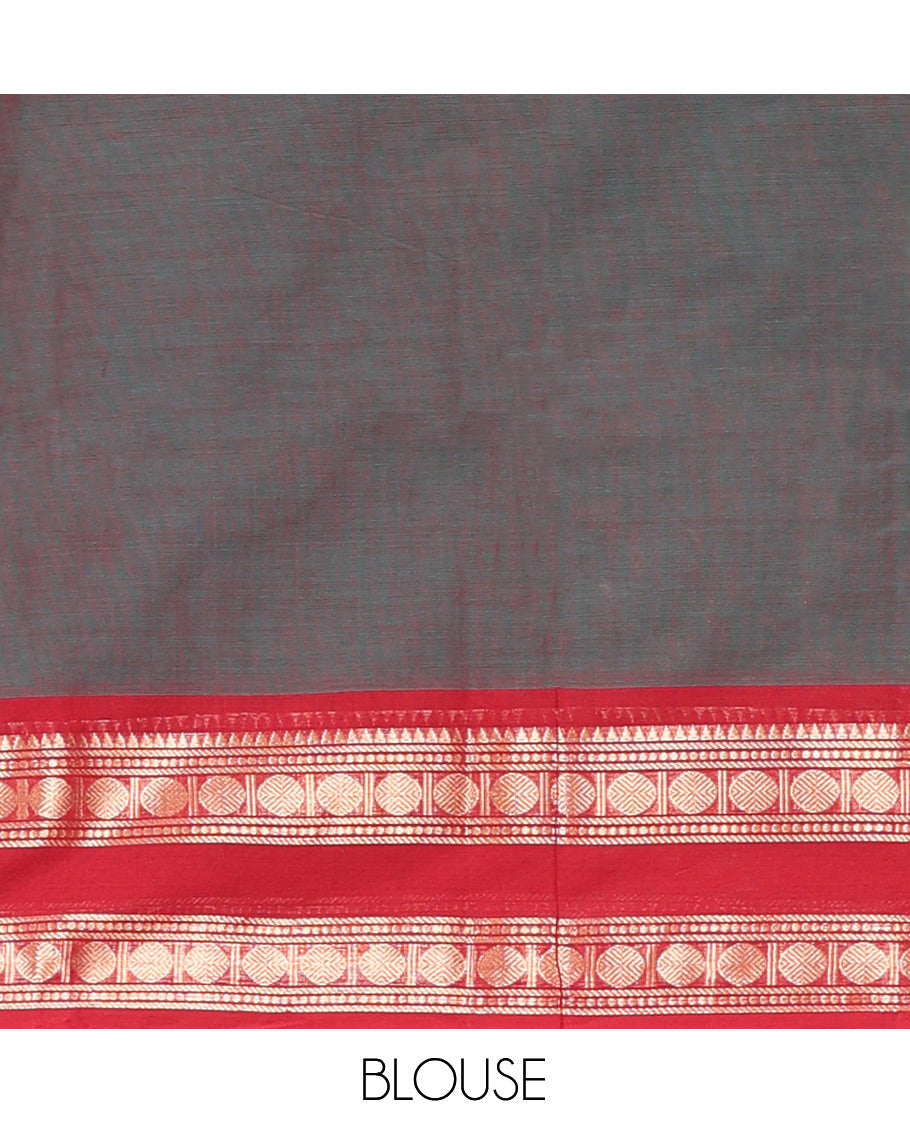 Blue Dual-Toned Plain Chettinad Cotton Saree, Enriched by a Contrast Traditional Temple Rettai Pettu Border, a Striped Pallu and a Matching Blouse
