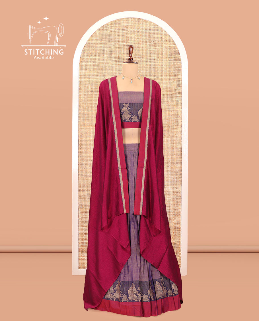 Dusky Lavender Mercerised Cotton Half-Saree Features a Plain Skirt, a Contrast Wedding-Themed Border, a Matching Blouse, a Contrast Dhavani