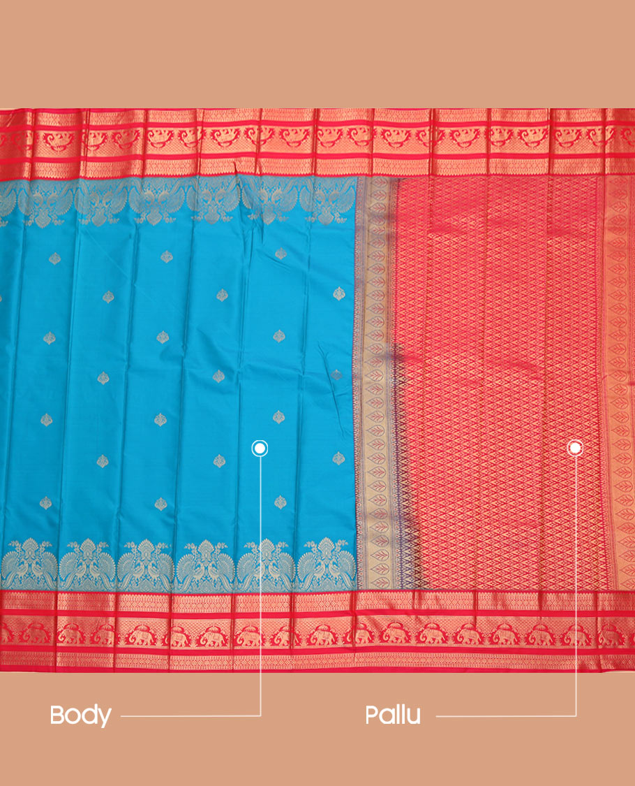Blue Budget Silk Saree, Adorned with Zari Buttas All Over Its Body, Complemented by a Contrast Traditional Border of Elephant Motifs, Grand Jaal Pallu, and Paired with a Contrast Blouse