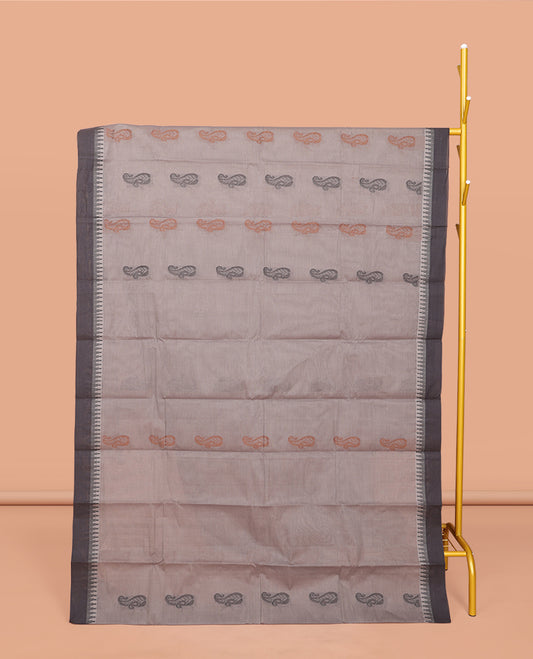Grey Kanchi Cotton Saree, Adorned with Buttas All Over Its Body, Complemented by a Contrast Temple Border, Pallu of Floral and Geometric Design, and Paired with Matching Blouse