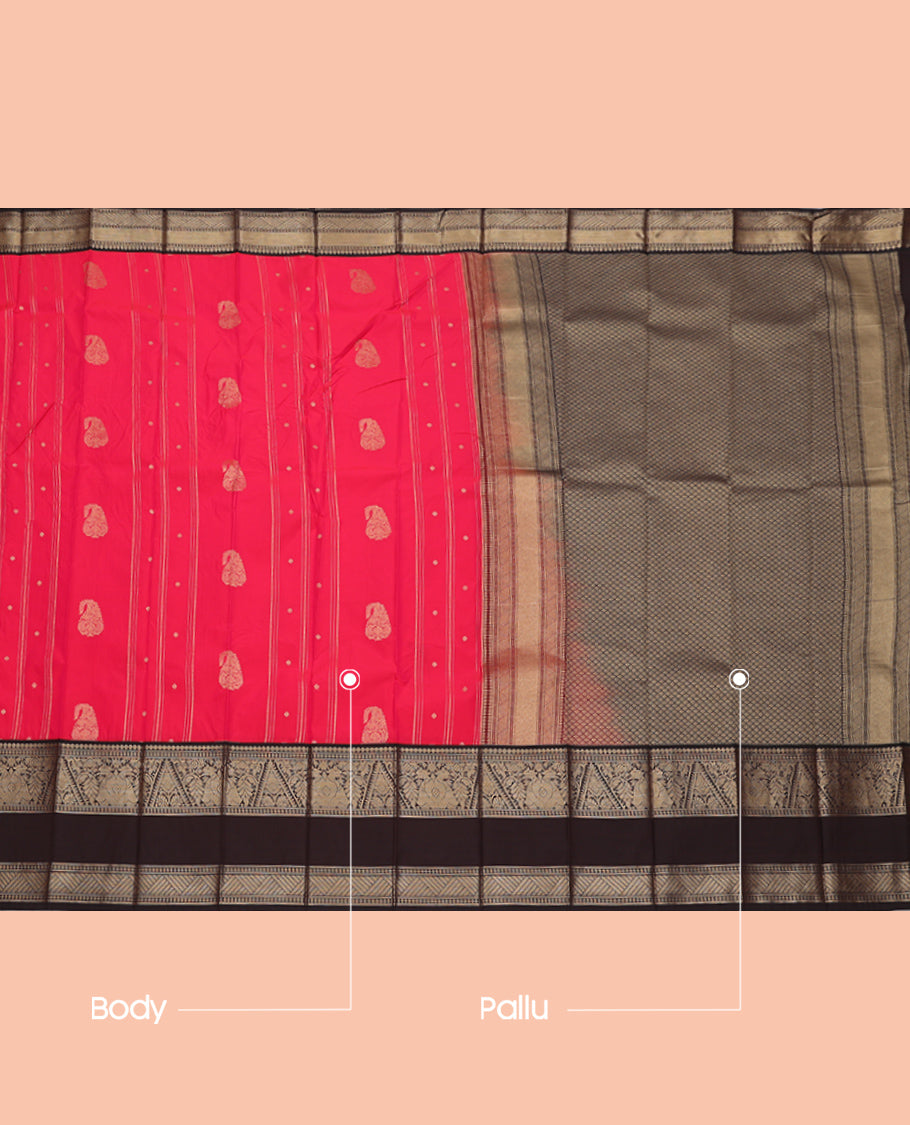 Red Budget Silk Saree, Adorned with Buttas and Stripes, Complemented by a Contrast Traditional Zari Rettai Pettu Border, Grand Jaal Pallu, and a Contrast Blouse