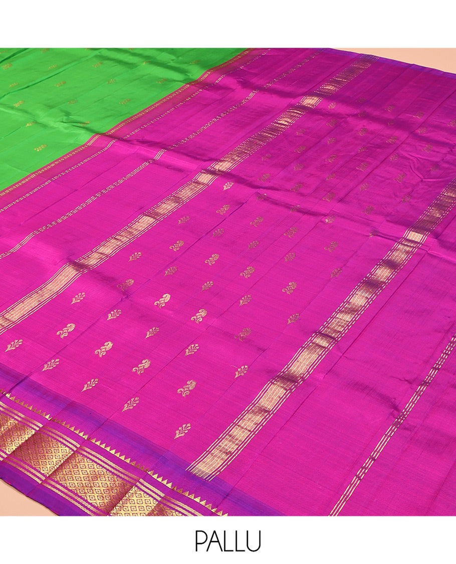 Green Kanchipuram Silk Saree, Adorned with Zari Buttas, Complemented by a Contrast One-Sided Korvai Border of Rekku, Banaras, and Jaal Designs, Zari Design Pallu, and No Blouse