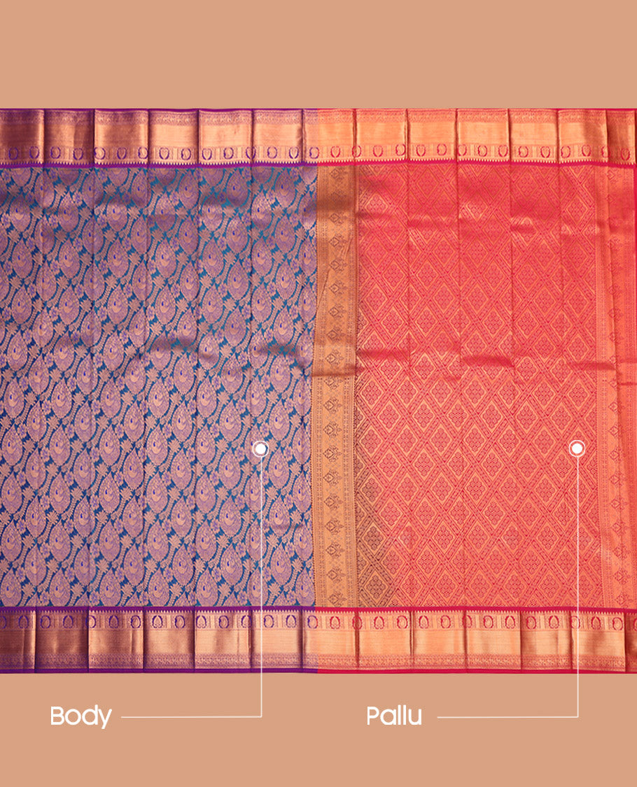 Blue Budget Silk Saree, Richly Detailed with Jacquard Design, Complemented by a Contrast Traditional Zari Border, Grand Pallu and a Contrast Blouse