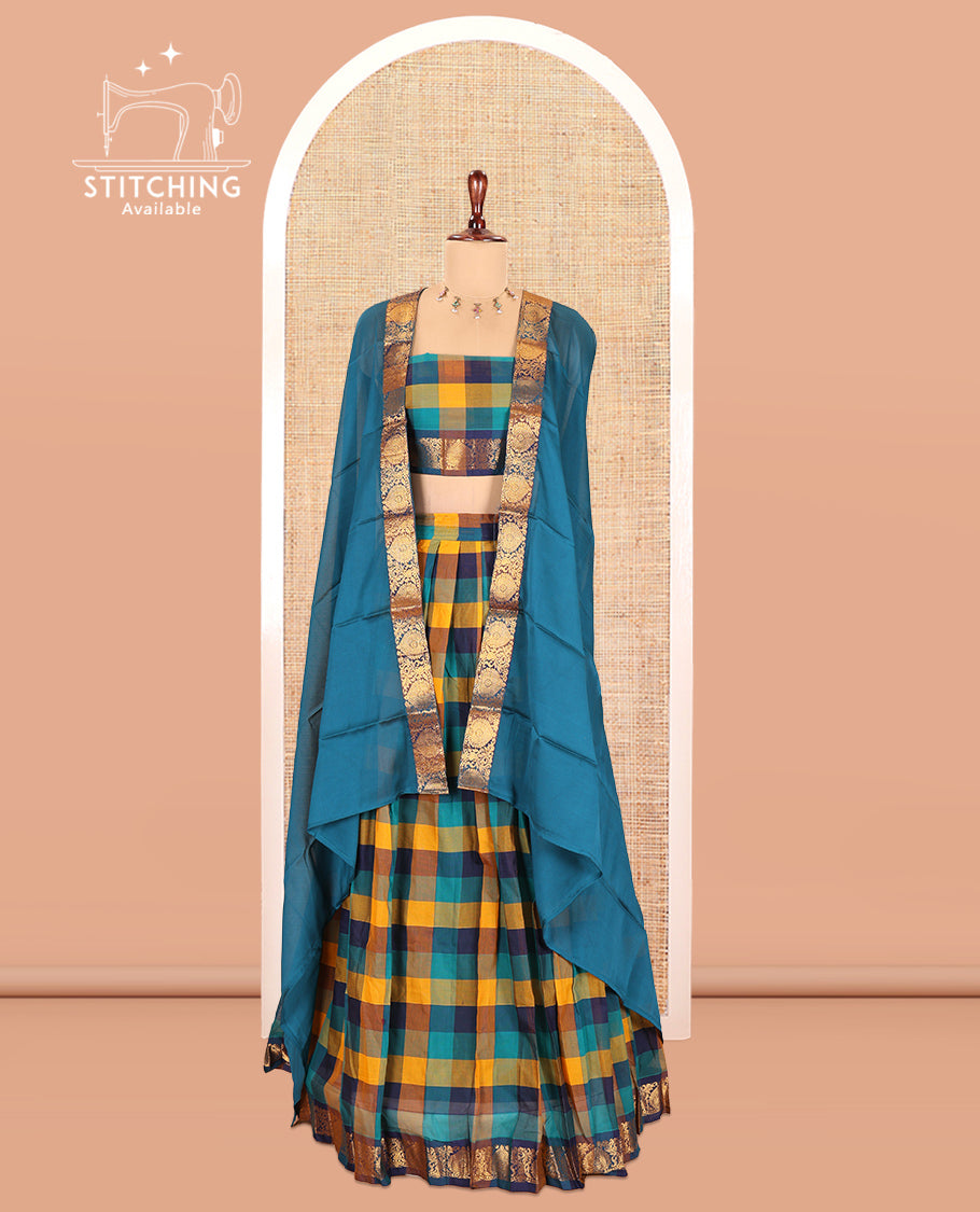 Multi-Color Checked Chettinad Cotton Half-Saree Features a Zari Border, Matching Blouse, Contrast Dhavani