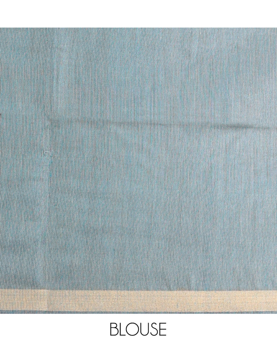 Blue Tussar Silk Saree, Steeped with Floral Buttas, a Subtle Border, Pallu Features Stripes and Buttas, and a Matching Blouse