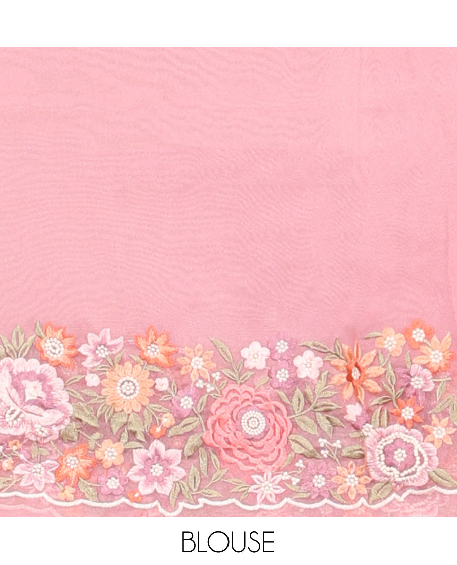Pink Organza Saree, Mesmerized with Flower Motifs Embroidery Border, a Scallop Floral Embroidered Border, and a Matching Blouse