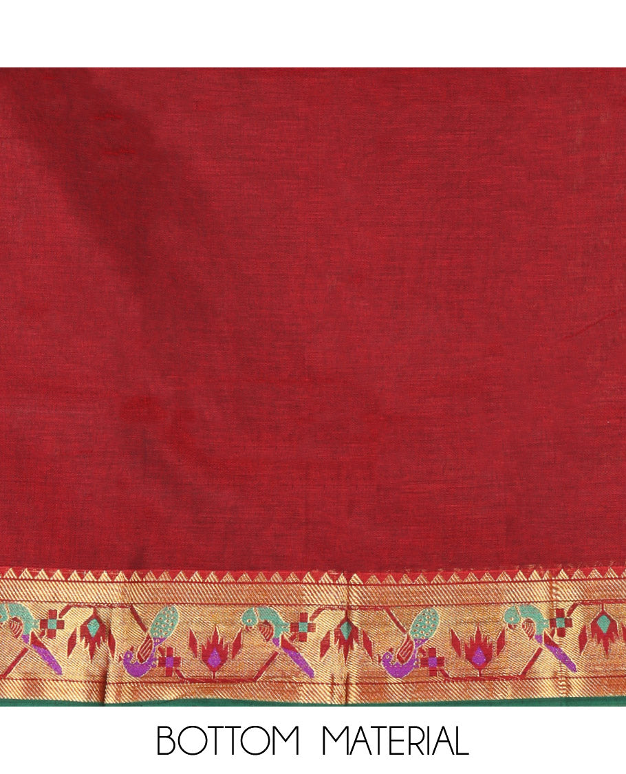 Maroon Mercerised Cotton Material Chudidar Features Plain Top, Contrast Paithani Zari Border, a Plain Bottom and a Matching Dupatta