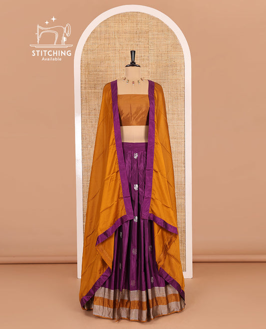 Purple and mustard half-saree, peacock butta with contrast bordered taffeta silk skirt, a plain blouse, and a contrast bordered syska georgette dhavani
