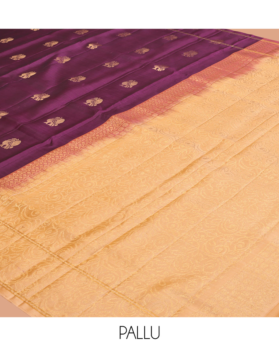 Purple Mayuri Lite Silk Mix Saree, Adorned with Mayil Buttas, a Self-Border of Mayil Designs, Contrast Floral Pallu, and a Contrast Blouse