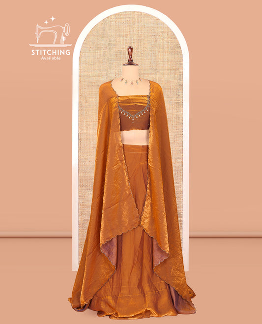 Fenugreek Fendi Organza Half-Saree, Plain Skirt, Matching Embroidered Blouse, Matching Scallop Dhavani