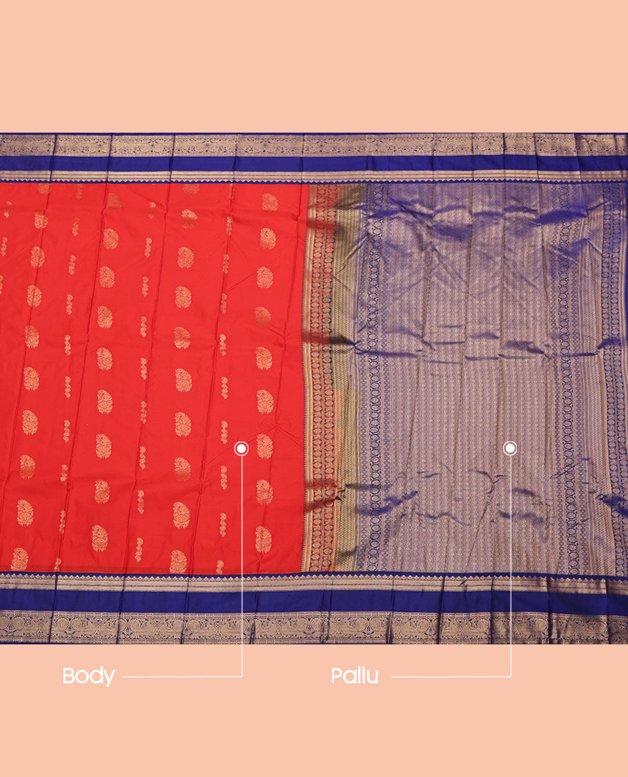 Red Budget Silk Saree, Graced with Zari Buttas All Over Its Body, Complemented by a Contrast Traditional Zari Design Rettai Pettu Border of Peacock Design, Grand Pallu, and Paired with a Contrast Blouse