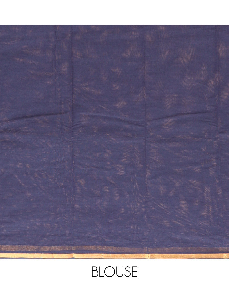 Navy Blue Kanchi Cotton Saree, Adorned with Buttas All Over Its Body, a Subtle Zari Border, Intricately Designed Pallu, and Paired with a Matching Blouse