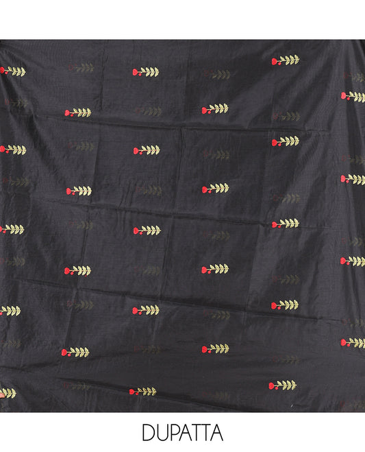 Black Mul Chanderi Material Chudidar, Floral Embroidery Top, Matching Bottom, Embroidery Dupatta