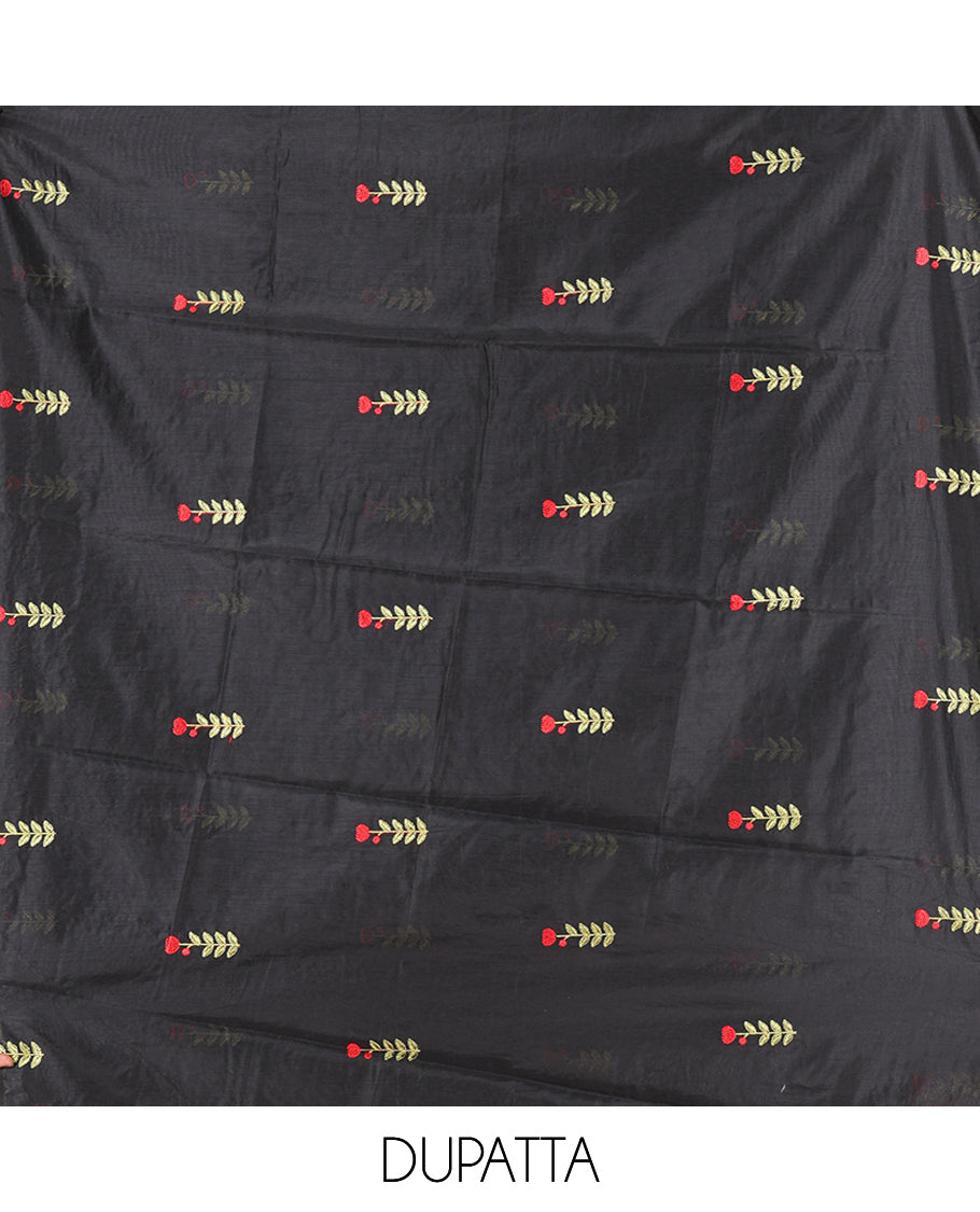 Black Mul Chanderi Material Chudidar, Floral Embroidery Top, Matching Bottom, Embroidery Dupatta