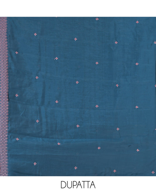 Peacock Blue Semi-Silk Material Churidar Sequins Embroidered Top, a Plain Bottom, a Embroidered Dupatta