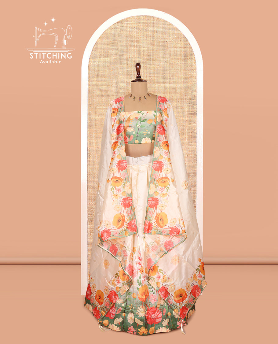 Cream-Green Semi-Silk Half-Saree Features a Floral-Printed Skirt, a Matching Blouse, and a Floral-Printed Dhavani