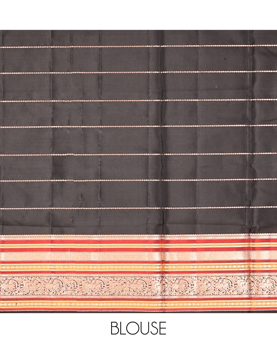 Maroon Striped-Mayil Buttas Vasundhara Silksaree, Contrast Border of Mayil Kann,Mayil, and Yaali, Jaal Pallu, and a Contrast Blouse