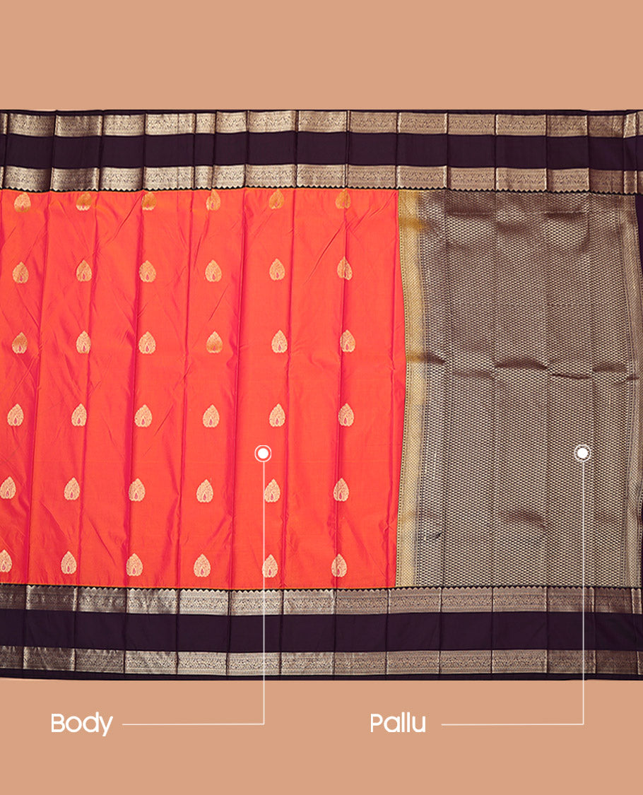 Orange Budget Silk Saree, Adorned with Zari Buttas, Complemented by Contrast Traditional Rettai Pettu Border, Grand Pallu, and a Contrast Blouse