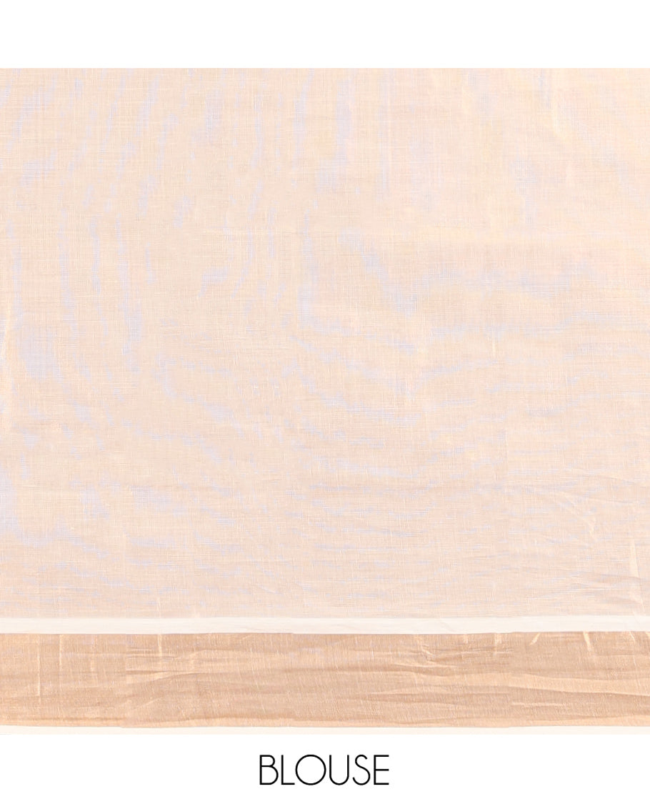 Cream Kerala Cotton Saree, Adorned with Thread and Zari Buttas All Over Its Body, a Zari Bavanji Border, an Intricate Pallu, and Paired with a Matching Blouse